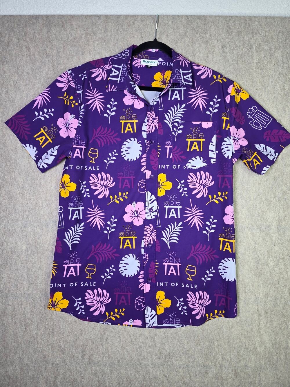 Roody Mens Point of Sale Tropical Hawaiian Button Down Shirt Purple Medium